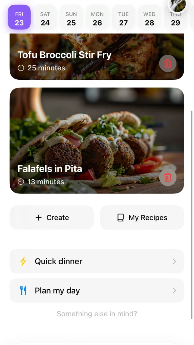 MittenUp app showing meal planning calendar with recipes